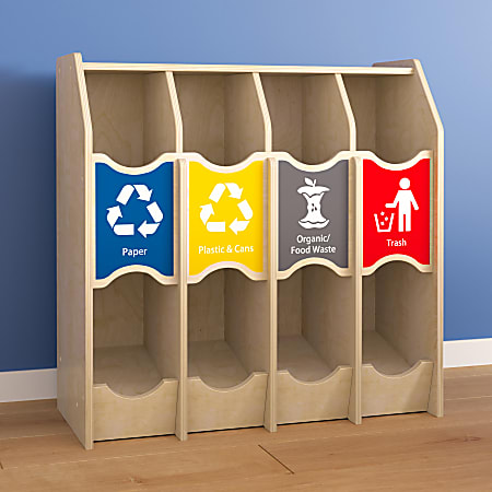 Flash Furniture Bright Beginnings Commercial Grade Wooden Pretend Play Recycling Station For Children, 31-1/2”H x 31-1/2”W x 13-3/4”D, Beech