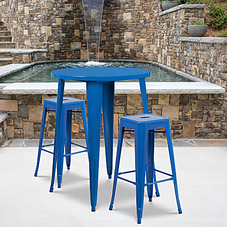 Flash Furniture Commercial-Grade Round Metal Indoor-Outdoor Bar Table Set With 2 Square-Seat Backless Stools, 41"H x 30"W x 30"D, Blue