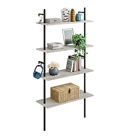 Bestier Industrial 66"H 4-Tier Wall-Mounted Ladder Shelf With 2 Hooks, 32"W, Light Retro Gray Oak