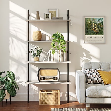 Bestier Industrial 66 H 4 Tier Wall Mounted Ladder Shelf With 2 Hooks 32 W Light Retro Gray Oak