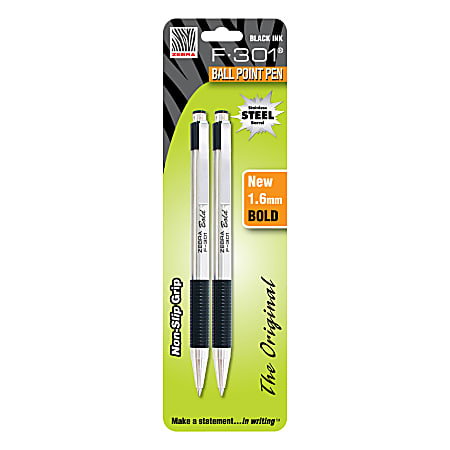 Zebra® Pen F-301 Stainless Steel Retractable Ballpoint Pens, Pack Of 2, Bold Point, 1.6 mm, Black Ink