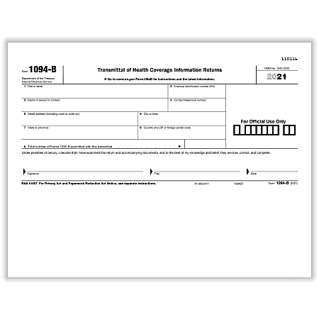 ComplyRight™ 1094-B Tax Forms, Transmittal Of Health Coverage Information Returns, Laser, 8-1/2" x 11", Pack Of 500 Forms