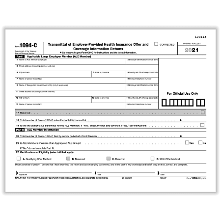ComplyRight™ 1094-C Tax Forms, Transmittal Of Employer-Provided Health Insurance Offer And Coverage, Laser, 8-1/2" x 11", Pack Of 50 Forms