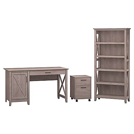 Bush Furniture Key West 54"W Computer Desk With Storage, 2 Drawer Mobile File Cabinet And 5 Shelf Bookcase, Washed Gray, Standard Delivery