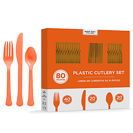 Amscan 8016 Solid Heavyweight Plastic Cutlery Assortments, Orange Peel, 80 Pieces Per Pack, Set Of 2 Packs