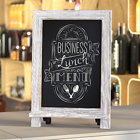 Flash Furniture Canterbury Tabletop Magnetic Chalkboard Signs With Scrolled Legs, Porcelain Steel, 14"H x 9-1/2"W x 1-7/8"D, White Wash Frame, Pack Of 10 Signs