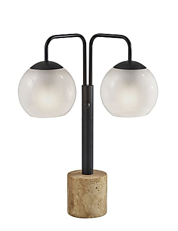 Adesso Stockton 2-Light Table Lamp, 23-1/2”H, White Glosted Glass Shade/Black & Travertine Base