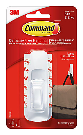 Command Large Utility Removable Plastic Hooks, 1-Command Hook, 2-Command Strips, Damage-Free, White