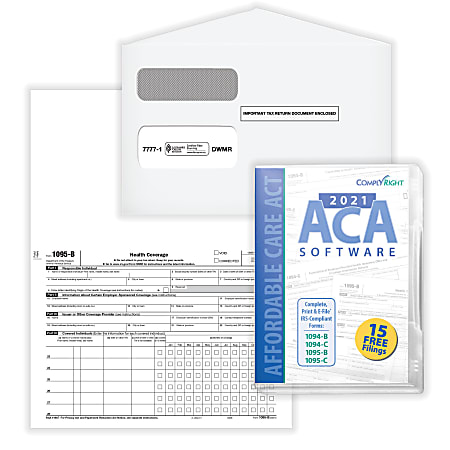 ComplyRight™ 1095-B Tax Forms Set, Employee/Employer Copy of Health Coverage Tax Forms With Envelopes and Software, Set For 25 Employees