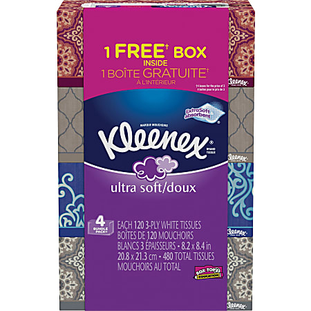 Kleenex® Ultra-Soft 3-Ply Facial Tissues, Assorted Designs, 120 Sheets Per Box, Pack Of 4 Boxes