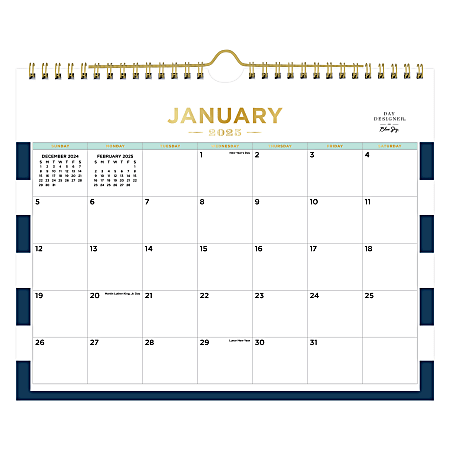 2025 Day Designer Monthly Wall Calendar, 11" x 8-3/4", Rugby Stripe Navy, January To December, 148792
