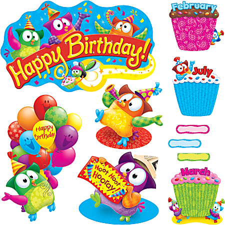 Trend Owl-Stars! Birthday Bulletin Board Set - Birthday Theme/Subject - 4, 12, 40 (Owl, Cupcake, Label) Shape x 21" Width - Multicolor - 57 / Set