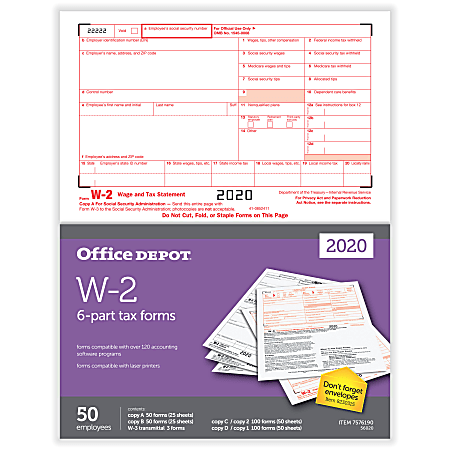 Office Depot® Brand W-2 Laser Tax Forms, 2-Up, 6-Part, 8-1/2" x 11", Pack Of 50 Forms
