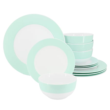 Martha Stewart 12-Piece Banded Fine Ceramic Dinnerware Set, Baby Blue