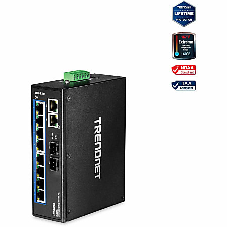 TRENDnet 10-Port Hardened Industrial Gigabit DIN-Rail Switch, 20Gbps Switching Capacity, DIN-Rail And Wall Mounts Included, Dual Redundant, Two R
