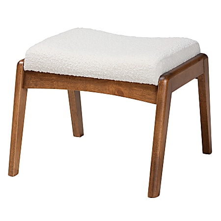 Baxton Studio Roxy Mid-Century Modern Boucle Ottoman Footstool, 17-1/8”H x 20-3/4”W x 21-3/4”D, Off-White/Walnut Brown