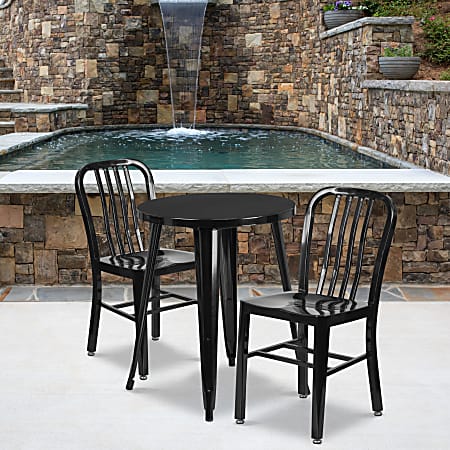 Flash Furniture Commercial-Grade Round Metal Indoor/Outdoor Table Set With 2 Vertical Slat-Back Chairs, Black
