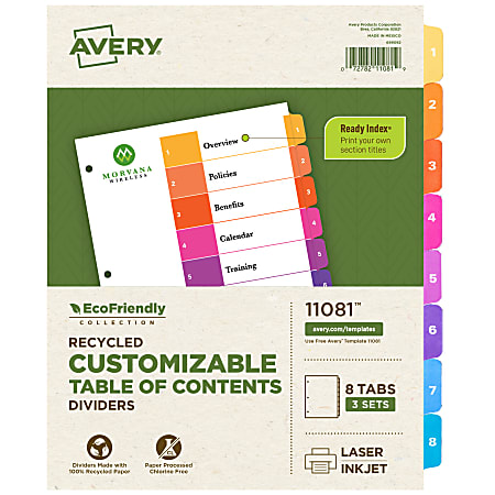 Avery® Ready Index® Eco-Friendly 100% Recycled Dividers, 1-8 Tabs & Customizable Table Of Contents, Letter Size, White Dividers/Multicolor Tabs, Pack Of 3 Sets