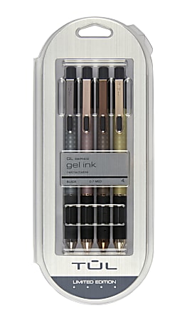 TUL Brilliance Pens, Gel, Medium Point, 0.7 mm, Assorted Fashion Barrel Colors, Black Ink, Pack Of 4 Pens