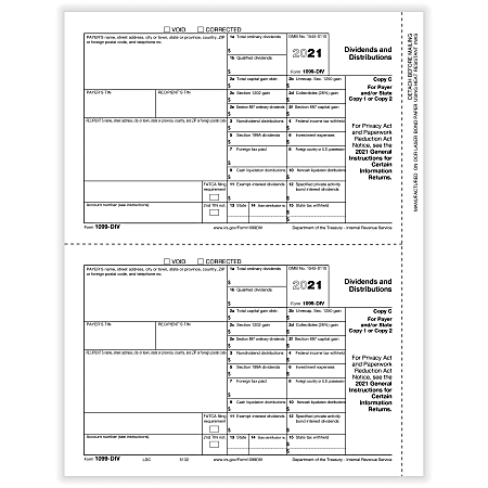 ComplyRight™ 1099-DIV Tax Forms, 2-Up, Payer Copy C and/or State Copy, 8-1/2" x 11", Pack Of 100 Forms