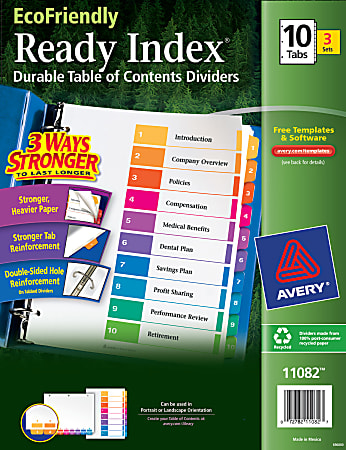 Avery® Ready Index® Eco-Friendly 100% Recycled Dividers, 1-10 Tabs & Customizable Table Of Contents, Letter Size, White Dividers/Multicolor Tabs, Pack Of 3 Sets