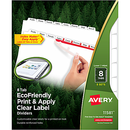 Avery® 100% Recycled EcoFriendly Index Maker® Clear Label Dividers, 8 1/2" x 11", White, 8 Tabs Per Set, 5 Sets Per Pack