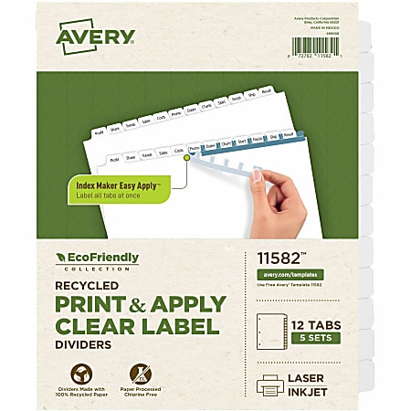 Avery® EcoFriendlyIndex Maker® 100% Recycled Clear Label Dividers, 8 1/2" x 11", 12-Tab, White Dividers/White Tabs, Pack Of 5 Sets