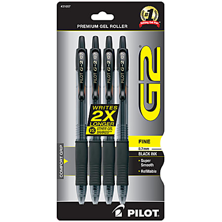 Pilot G2 Gel Pen, Fine Point, 0.7mm, Clear Barrels, Black Ink, Pack of 4 pens