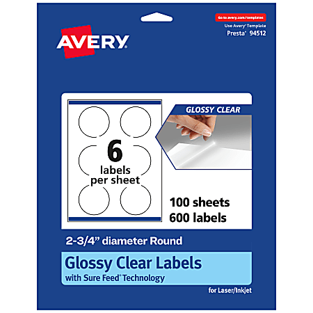 Avery® Glossy Permanent Labels With Sure Feed®, 94512-CGF100, Round, 2-3/4" Diameter, Clear, Pack Of 600