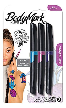 BodyMark by BIC Temporary Tattoo Markers New School Brush Tip Black Barrel Assorted Ink Colors Pack Of 3 Markers Office Depot