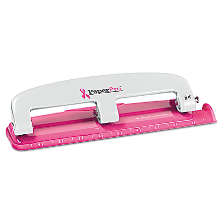PaperPro 12-Sheet Compact 3-Hole Punch with Rubber Base, Pink Ribbon