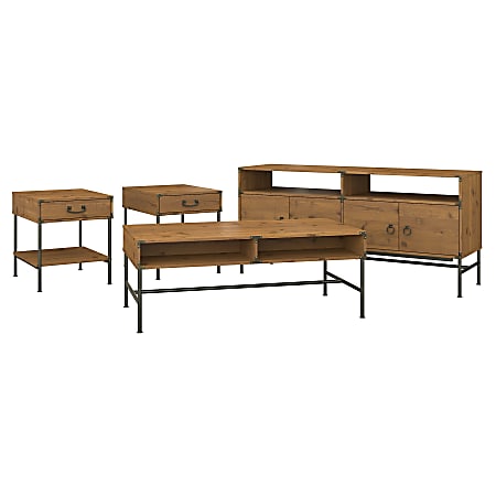 kathy ireland® Home by Bush Furniture Ironworks TV Stand with Coffee Table and 2 End Tables, Vintage Golden Pine, Standard Delivery