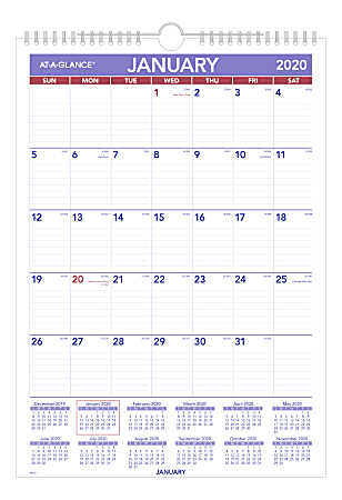 AT-A-GLANCE® Monthly Wirebound Wall Calendar, 12" x 17", Blue/Red, January To December 2020, PM228