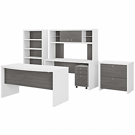 Office by Kathy Ireland Echo Bow Front Desk, Credenza with Hutch, Bookcase and File Cabinets Pure White/Modern Gray