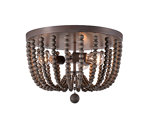 Kenroy Home Dumas 3-Light Wood Bead Flush Mount Lamp, Distressed Gray Shade/Golden Bronze Base