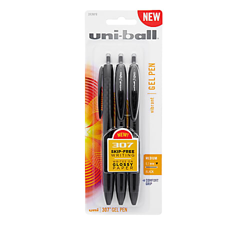 uni-ball® 307™ Gel Pens, Medium Point, 0.7 mm, Black Barrel, Black Ink, Pack Of 3