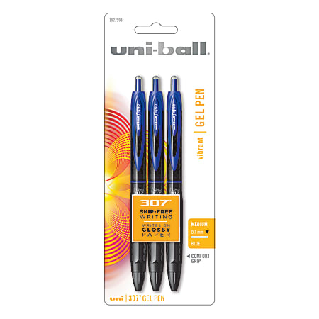 uni-ball® 307™ Gel Pens, Medium Point, 0.7 mm, Black Barrel, Blue Ink, Pack Of 3