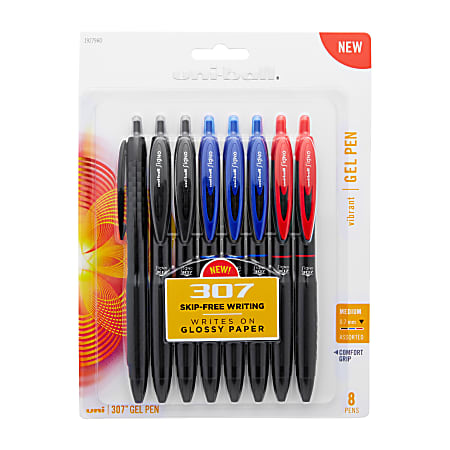 uni-ball® 307™ Gel Pens, Medium Point, 0.7 mm, Black Barrel, Assorted Ink Colors, Pack Of 8