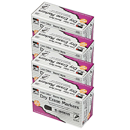 Charles Leonard Dry Erase Markers, Barrel Style, Chisel Point, Black, 12 Markers Per Box, Set Of 4 Boxes