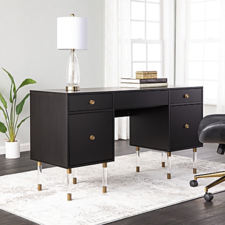 Holly & Martin Helston 55”W Writing Desk With Drawers, Black/Gold