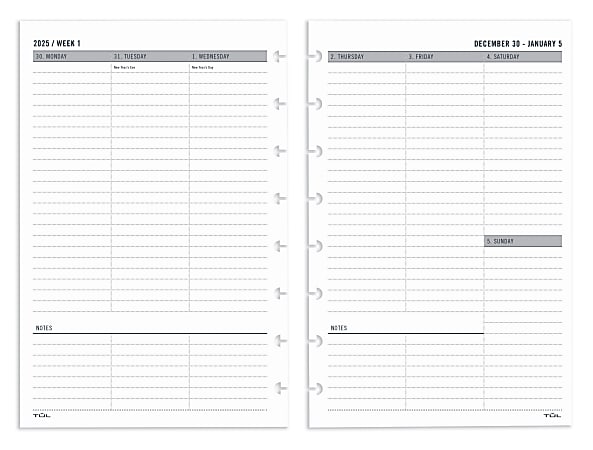 2025 TUL® Weekly Planner Refill Pages, 8-1/2” x 5-1/2”, January To December