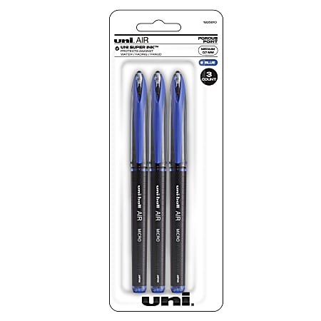 uni-ball® AIR™ Rollerball Pens, Medium Point, 0.7 mm, Black Barrel, Blue Ink, Pack Of 3