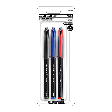 uni-ball® AIR™ Rollerball Pens, Medium Point, 0.7 mm, Black Barrel, Assorted Ink Colors, Pack Of 3