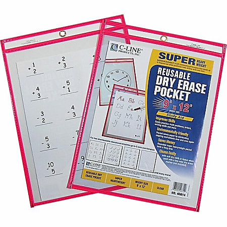 C Line® Reusable Dry-Erase Pocket , 8 1/2" x 11", Red, Box Of 30