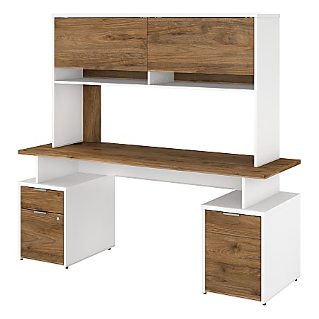 Bush Business Furniture Jamestown Desk With Drawers, Storage Cabinet And Hutch, 72"W, Fresh Walnut/White, Standard Delivery