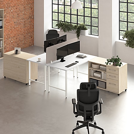 Bush Business Furniture Hustle 2 Person Computer Desk with Mobile Storage Cabinets, Power Grommets, and Privacy Screen, White and Natural Elm,