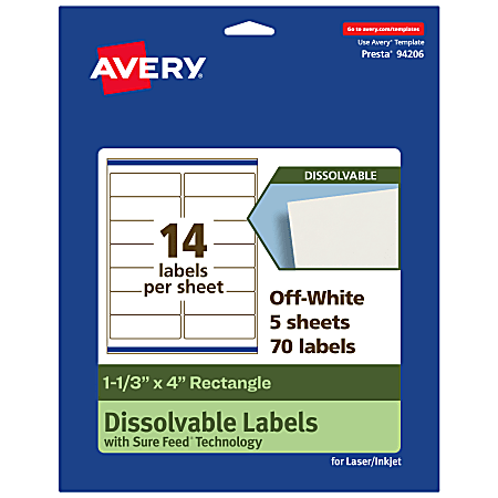 Avery® Dissolvable Labels With Sure Feed® Technology, 94206-DWMP5, Rectangle, 1-1/3"x4", Matte Off-White, Pack Of 70