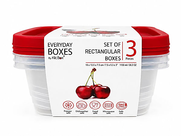 Klic Food Storage Containers, Rectangular, Clear/Red, Total Qty 3