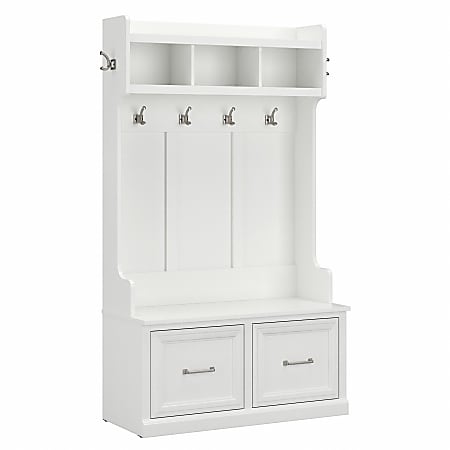 Bush Furniture Woodland 40"W Hall Tree And Shoe Storage Bench With Doors, White Ash, Standard Delivery