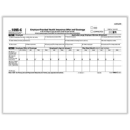 ComplyRight™ 1095-C Tax Forms, IRS Copy of Health Coverage (Employer Provided Health Insurance Offer And Coverage), Laser, 8-1/2" x 11", Pack Of 100 Forms